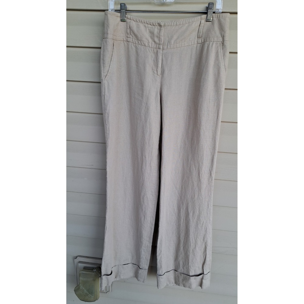 Rafaella Women's 100% Linen Beige Wide Legs High Rise Pants 10